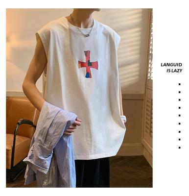 China Breathable Ready Made Mens Cotton Bottom T-shirt Casual Cross Logo Print Sleeveless T-Shirt For Teenager for sale