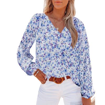 China Breathable Chiffon Blouse Bishop Sleeve Floral Print V-Neck Summer Ladies Blouse for sale