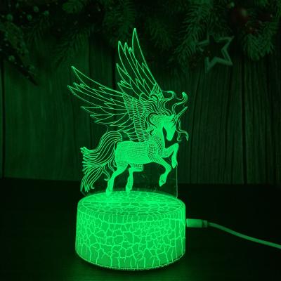 China Kids Christmas Gifts Unicorn Wings Acrylic Small Night Light 3D USB Modern Customizable Bedside Lamps with Crack Base for sale