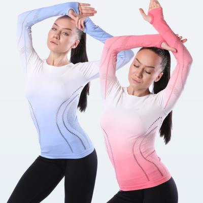 China Breathable Women's Seamless Long Sleeve Fitness Clothes Mesh Quick-Drying Sports Yoga Hanging Dyed Breathable Eco-Friendly Clothing for sale