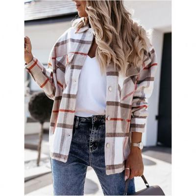 China Breathable PEARL Latest Design Grid Button Pockets Casual Women's Autumn Coats Long Sleeve Coat Women Jackets For Ladies for sale