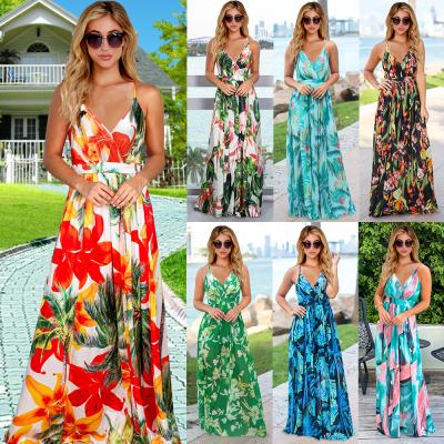 China 2021 Summer Women Clothing Breathable Bohemian Spaghetti Straps Long Dress Ladies Vacation Tropical Floral Casual Dresses for sale