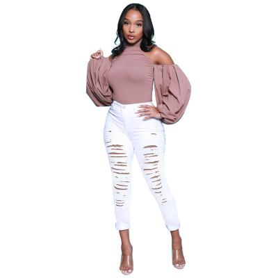 China New Style High-waisted Autumn Winter Ripped Pants QUICK DRY Slim Fit White Ripped Jeans Pants For Woman for sale