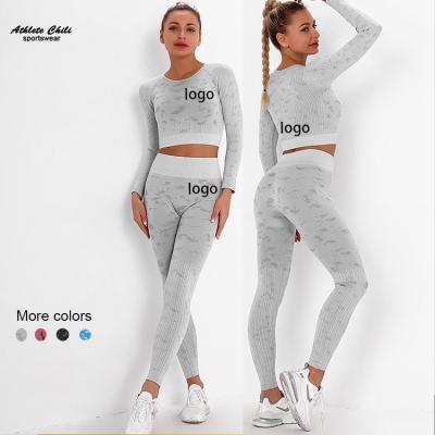 China Breathable Women 2 Pieces Tracksuit Workout Set Tops Ribbon Set Shirts Long Sleeve High Waisted Gaiters Running Yoga Equipments Set for sale