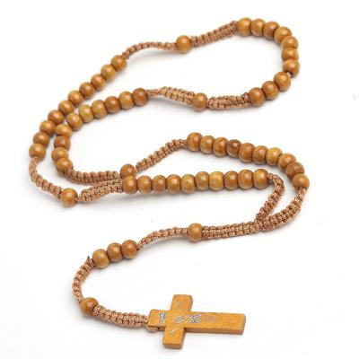 China Handmade Wooden Cross Rosary Beads Baptismal Ornaments Christian Orthodox Christian Catholic Religious Wooden Necklace Beads for sale