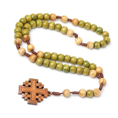 China Religious Natural Wooden Rosary Necklace Handwoven Jerusalem Baptism Ornaments Prayer Rosary Cross Necklace for sale