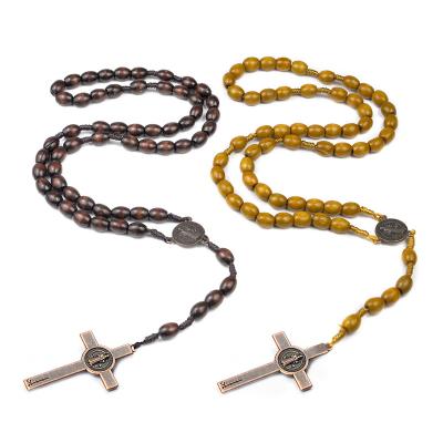 China Wholesale Hot Selling Jewelry Rosary Handwoven Wooden Cross Beads Religious Natural Handwoven Prayer Necklace for sale