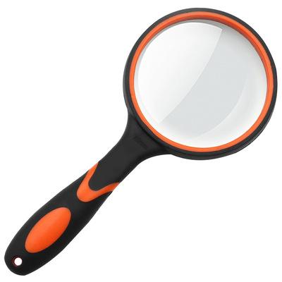 China 6X Hd Anti Optical Lens Handle Portable Rubber Falling Plastic Elderly Reading Hand Held Orange Glass Magnifier for sale