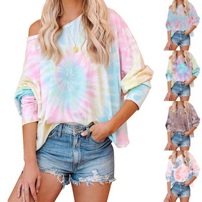 China Custom New Arrival S-2XL Autumn Size Women T-shirt Popular QUICK DRY Off-shoulder T-shirt Long Sleeves Tie Dye T-shirts for sale