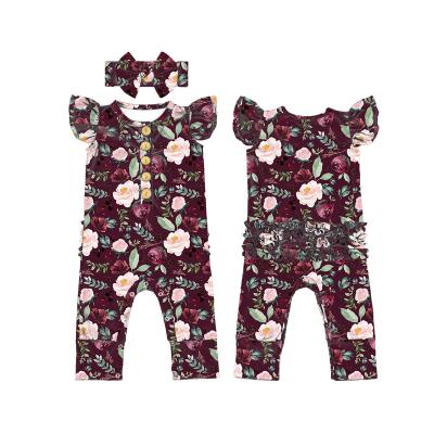 China Spandex / LT-525-WXL Floral Red Brown Floral Ruffled Bamboo Sleeve Romper Newborn Baby Romper for sale