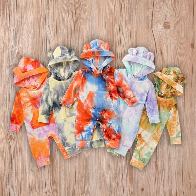 China Sweater Crushed Velvet Baby Boy's Rompers Tie-Dye Infant Rompers Winter Baby Clothes Infant Rompers With Bear Hat Pocket for sale