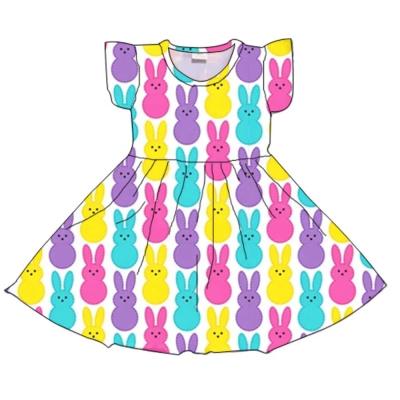 China Fuyu Children Clothes Girls Boutique Cute Breathable Easter Twirl Dresses Happy Easter Bunny And Flowers Print Frock for sale