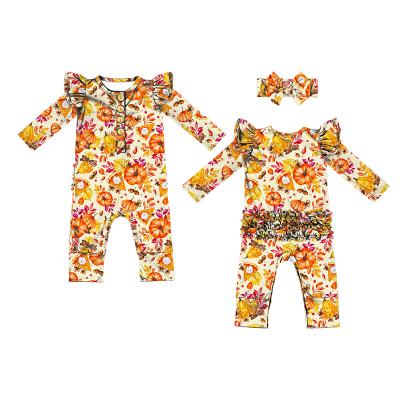 China Spandex/Polyester Fall Harvest Thanksgiving Pumpkin Baby Knitted Baby Long Sleeve Onesie Heart Jumpsuit for sale