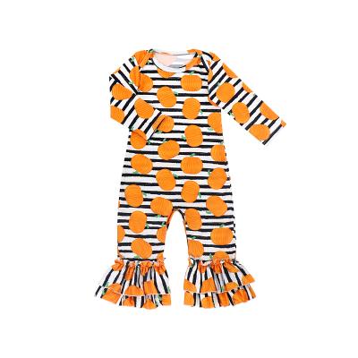 China INS 95%Cotton Hot Selling Pumpkins Cartoon Baby Boys Newborn Long Sleeve Ruffles Jumpsuit Knitted Headband for sale