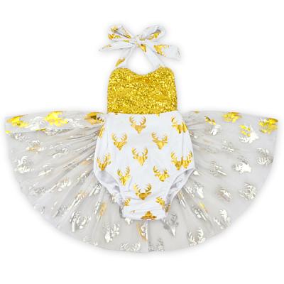 China Spandex/Polyester OEM ODM Boutique Wholesale Gold Glitter Tulle Halter Toddler Baby White Bubble Jumper Dress Romper for sale