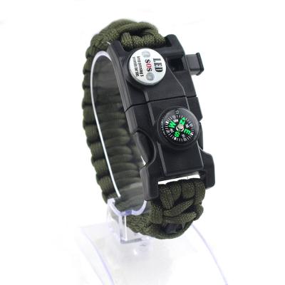 China Exterior; Campsite; Rise ; Multifunctional Outdoor Emergency Use Paracord Survival Bracelet with LED Flint Fire Starter Compass Emergency Whistle Knife and Scraper for sale