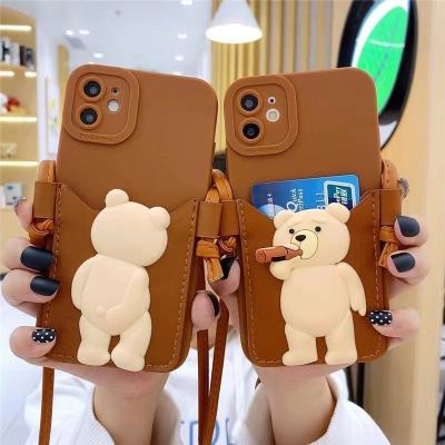 China New Shockproof Applicable iPhone13 12 11 Promax Case Cute Apple Beer Bear Card Wallet XSMax XR X 12 7 8 Plus Messenger Soft Rope Case for sale