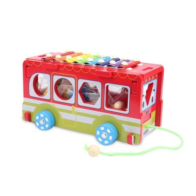 China Cartoon Toy High Quality Wooden Piano Multifunctional Bus Moving Toy For Children for sale