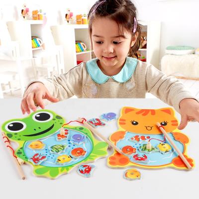 China Early Education Design Cute Cat Fishing Toy Magnetic Frog Fishing Game Wooden Material Whlesale for sale