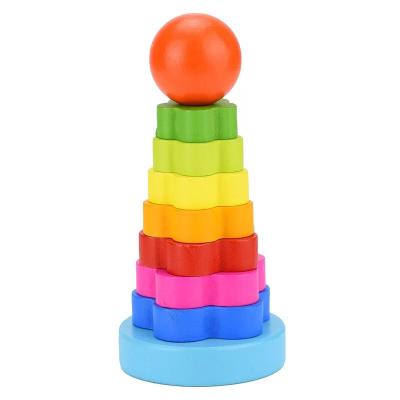 China DIY TOY Small Wooden Tower Toy For Baby Wood Stacking Play Rainbow Color Tower With Flower Shape Block for sale