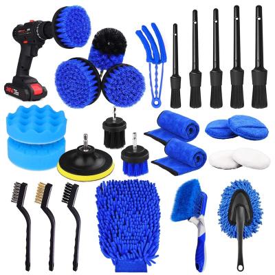 China Sustainable 26 Pcs Car Detailing Brush Set Auto Drill Clean Brushes Buffing Sponge Pads Cleaning Tools For Interior Exterior Washing for sale