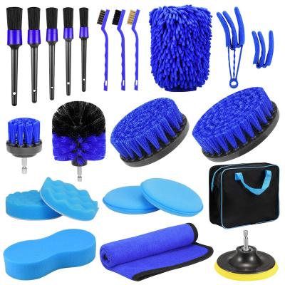 China PP/Plastic Car Washing Kit 23 Pcs Drill Soft Brushes Attachemnt Auto Detailing Brush Blue For Wheels Dashboard Cleaning for sale