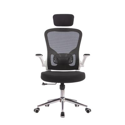 China Hot Selling White Rotating Office Mesh Chair Flip-Up Ergonomic Adjustable Back Arms Executive Sillas Highs With Headrest for sale