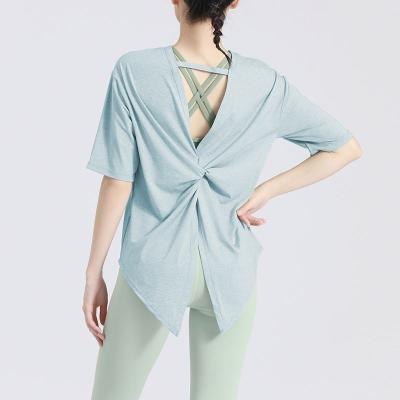 China New Arrival Custom Women's Solid Color Anti-Wrinkle Solid Color Summer Loose Leisure Short Sleeve Knot Cutout Backless Top For Girl for sale