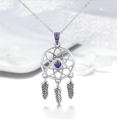 China Hot Sale Romantic 925 Sterling Silver Dreamcatcher Purple Rhinestone Necklace Pendant Chain For Girls for sale