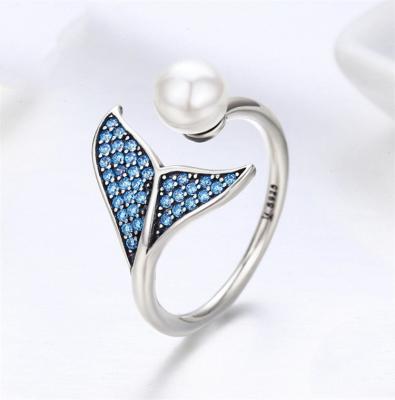 China FASHIONABLE Newcomer Blue Zircon And Pearl Ring 925 Sterling Silver Ring For Girls Gift Mermaid Ring for sale