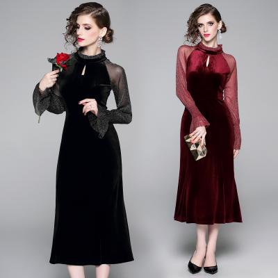 China Best-selling anti-static products in Europe fashion velvet wrap dresses patchwork mesh backing collar long sleeve graceful elegant ladies for sale