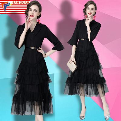 China Anti-static stain 2022 spring black new size suit dress design niche fashion temperament mesh v-neck slim cake skirt for sale