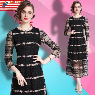 China Anti-static stain 2022 new heavy industry long-sleeved dress slim sleeve embroidery spring fashion three-quarter waist temperament for sale