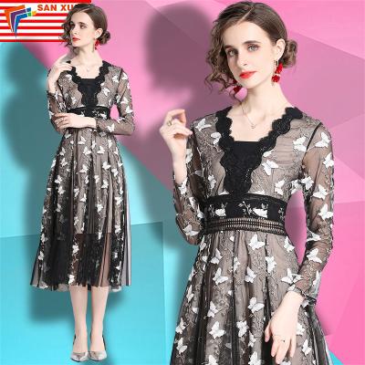 China Anti-static stain 2022 new fashion elegant v-neck long-sleeved dress embroidery temperament spring one-line waist slim skirt for sale