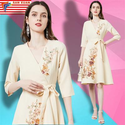 China 2022 Available New Women's Clothing European Clothing Anti-Static And American Dress Skirt Lace V-Neck Temperament Fashion Embroidery Exquisite Dress for sale