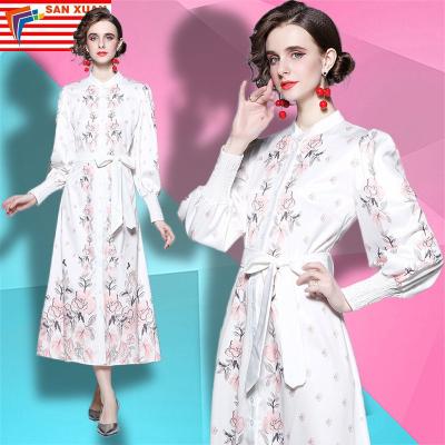 China Anti-static stain floral printing of new 2022 spring straight round neck and long dyeing of the fresh and simple lace-up dress for sale