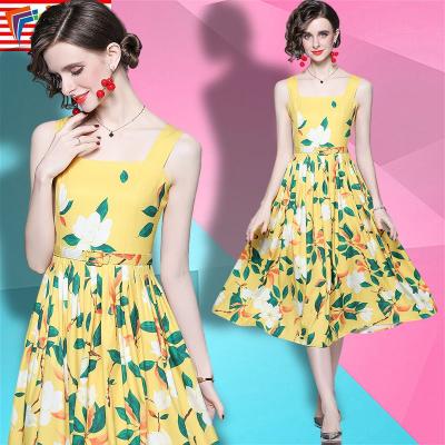 China 2022 New Stain Women's Clothing Wholesale Fashion Anti-Static Elegant Floral Casual Dresses Sling Sleeveless Square Neck for sale