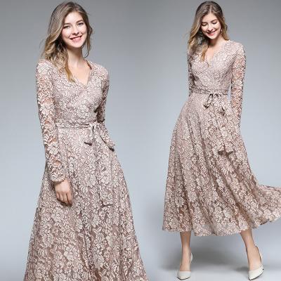 China 2022 Hot Sale New Design Anti-Static In Stock Fashion Graceful Collar Long Sleeve Casual Women Lace Up Elegant Embroidered Lace Dresseses for sale