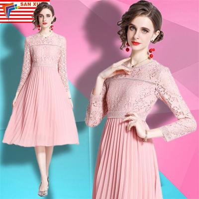 China Anti-static stain 2022 summer new women's French lace dress temperament pungent skirt long round neck fashionable sleeve for sale