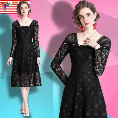 China Anti-static stain 2022 summer new women's lace swing skirt large square collar lady women's fashionable temperament wholesale long-sleeved French dresses for sale