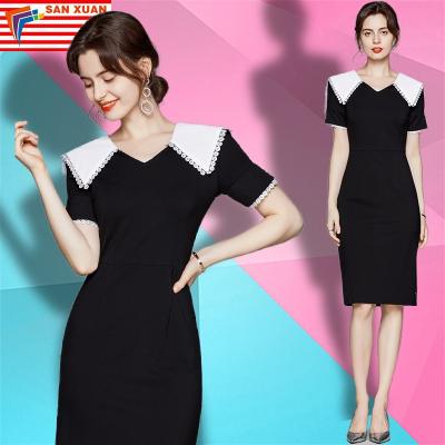 China 2022 New Women's Anti-Static Stain Black V-neck Mid Length Elegant Casual Dress Wholesale Fashion Clothes Short Sleeves for sale