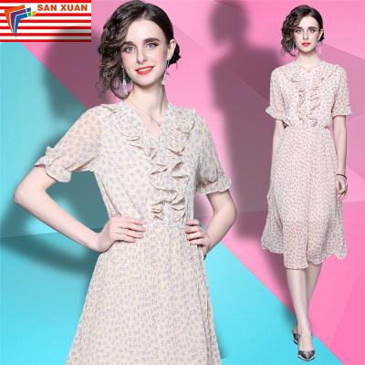 China Wholesale New Women's French Chiffon Floral V-Neck Lady's Short Sleeve Short Sleeve 2022 Summer Anti-Static Stain Dresses Temperament Fashion Bottoming Skirt for sale