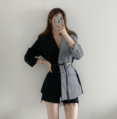 China 2022 women's clothing anti-shrink spring new wholesale contrast color loose houndstooth lapel long-sleeved suit quilted short jacket for sale