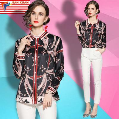 China Anti-pilling stain 2022 fashion temperament all-match waist printing lapel long-sleeved shirt European and American new spring women for sale