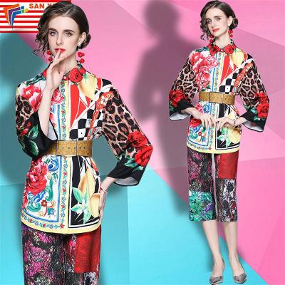 China 2022 New Fashion Loose Casual Color QUICK DRY Print Spot Spring Long Sleeve Shirt Cropped Pants Stretch Two-Piece Suit With Belt for sale