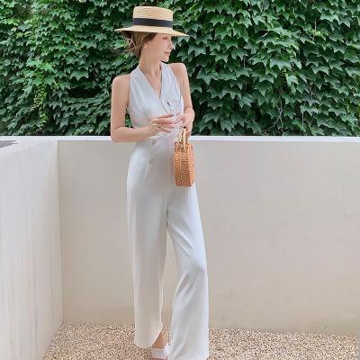 China Anti-static stain 2021 summer new Korean version fashion v-neck halter sleeveless overalls retro drape temperament wide-leg overalls for sale