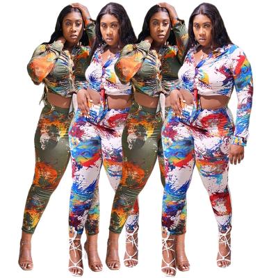 China Breathable Popular Women Plus Size Set Casual 2 Piece Outfit Tie Dye Long Sleeve Pleated Top Pants Set for sale