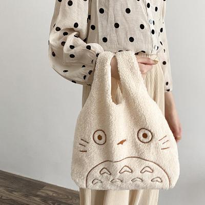 China Large Capacity 2021 Winter Trend Cute Totoro Embroidery Corduroy Hairy Women Handbags Warm Lambswool Skin Friendly Handbags for sale