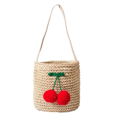 China Red Cherry Large Capacity Bucket Shoulder Drawstring Messenger Bag Straw Crochet Handwoven Beach Handbag For Women With Drawstring for sale