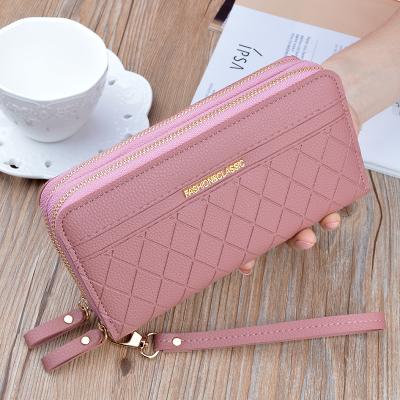 China Diamond Lattice Imprint Double Wallets Multi Position Card Long Metal Zippers Fashionable Women's Clutch Bags PU Leather Phone Wallet for sale